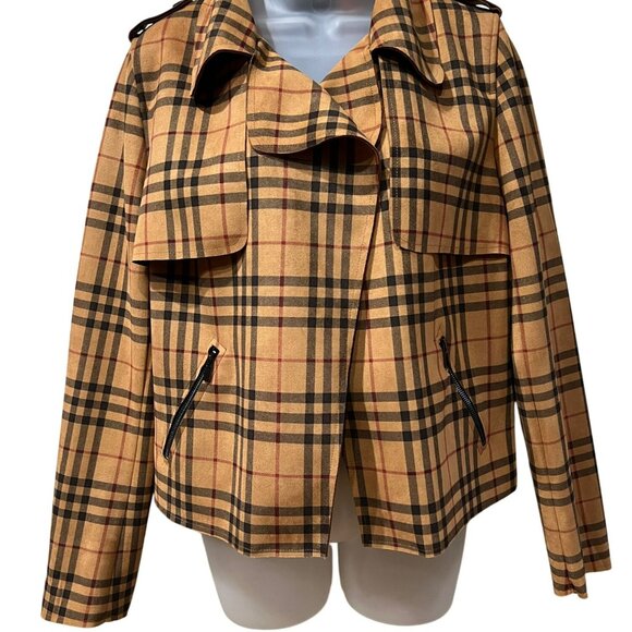 Kut From The Kloth Jace Moto Jacket Womens Medium Tan Plaid Asymmetrical Zip Fro - Picture 2 of 8